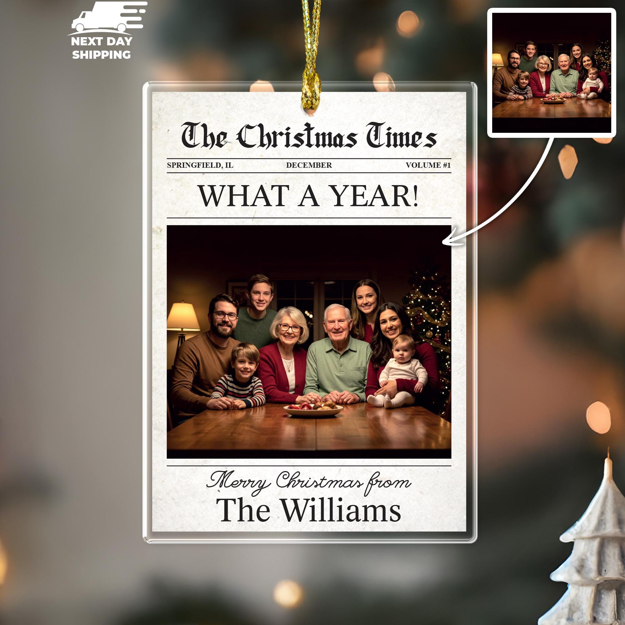 The Christmas Times Newspaper Ornament, Family Photo Ornament, Unique Family Name Keepsake, Newsletter Ornament, Acrylic Picture Ornament