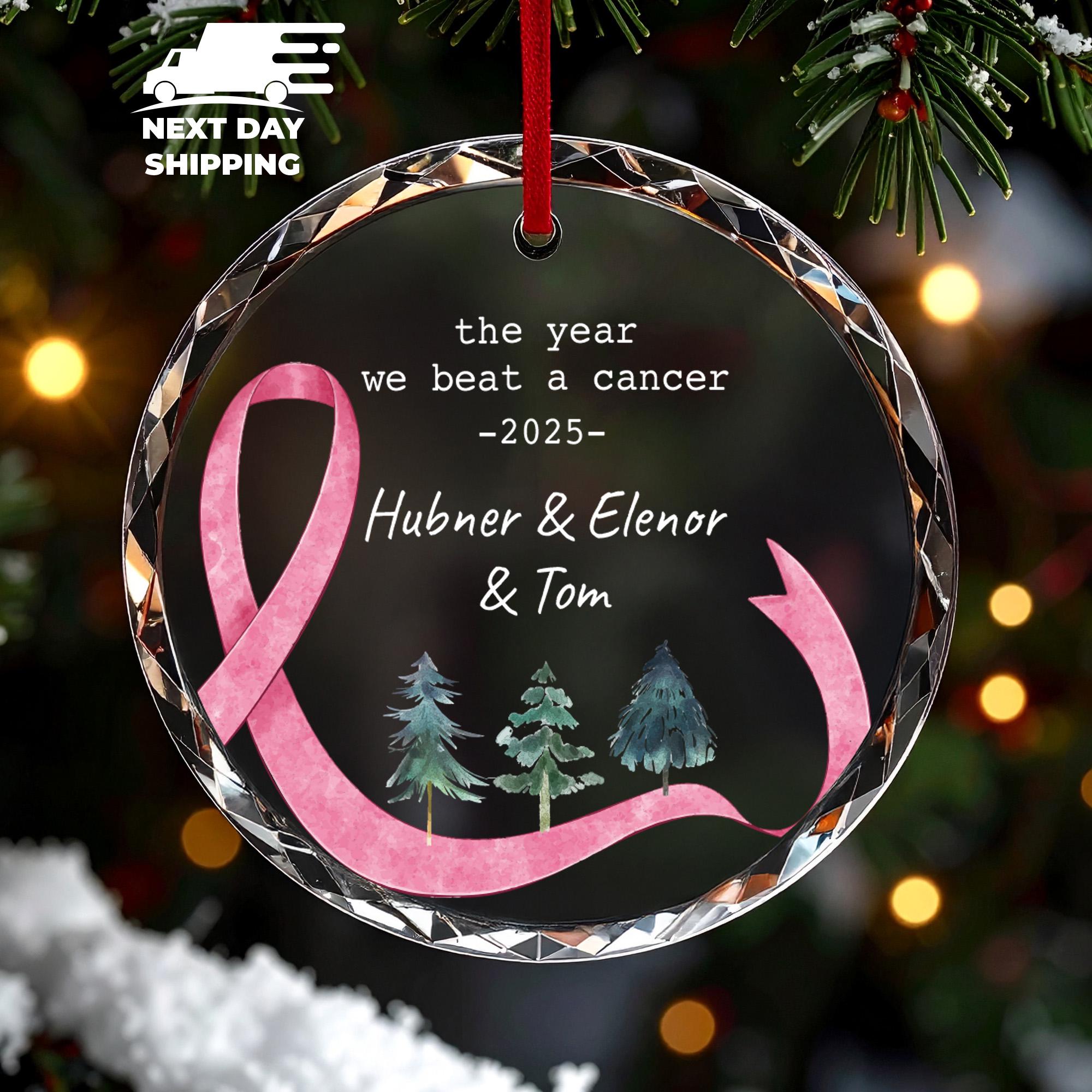 Personalized Pink Ribbon We Beat Cancer Christmas Ornament 2025, The Year We Beat Cancer Survivor Holiday Gift, Cancer Awareness Ornament