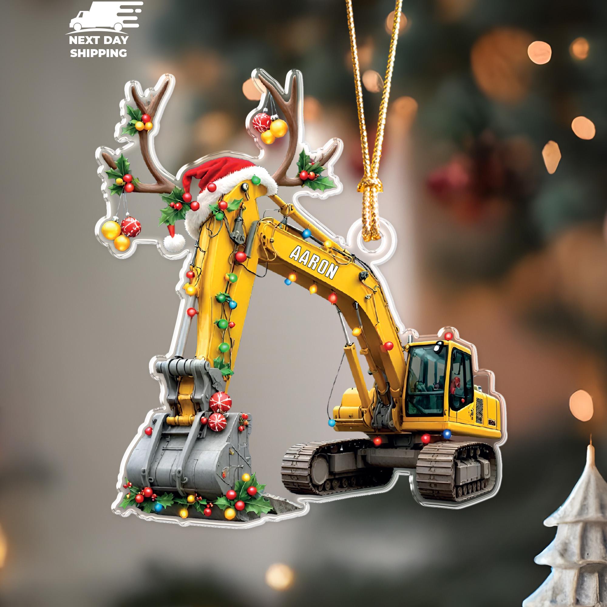 Personalized Excavator Christmas Ornament, Custom Construction Truck Holiday Decoration with Name, Bulldozer Xmas Gift, Stocking Stuffer