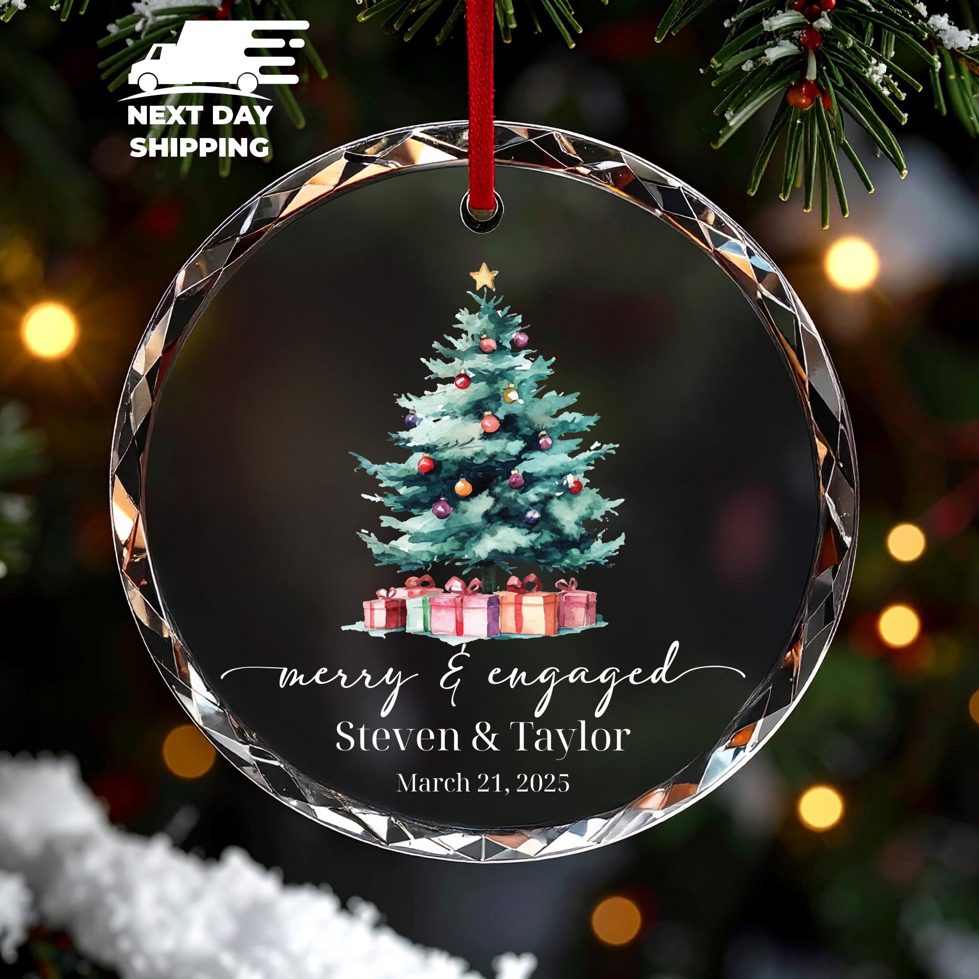 Merry and Engaged Ornament, Christmas Couple Keepsake, Christmas Tree Decor, Engagement Wedding Date Ornament, Anniversary Ornament