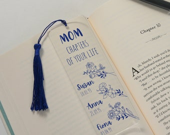 Acrylic Floral Bookmark, Mother's Day Gifts, Life Chapters Bookmark, Gift For Mom, Gift From Kids, Kids Name Bookmark, Gift For Grandma