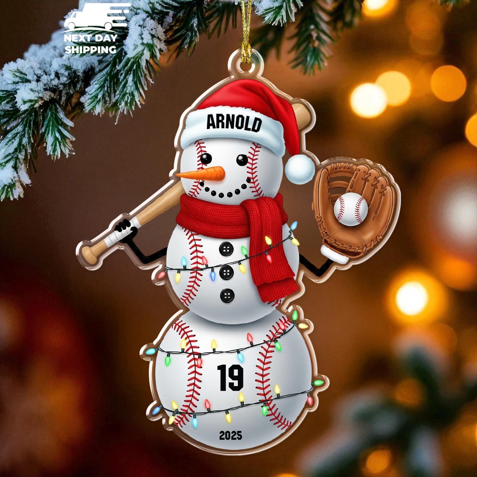 Baseball Snowman Christmas Ornament, Personalized Baseball Player Gift, Custom Player Name And Number Ornament, Christmas Gift For Coach