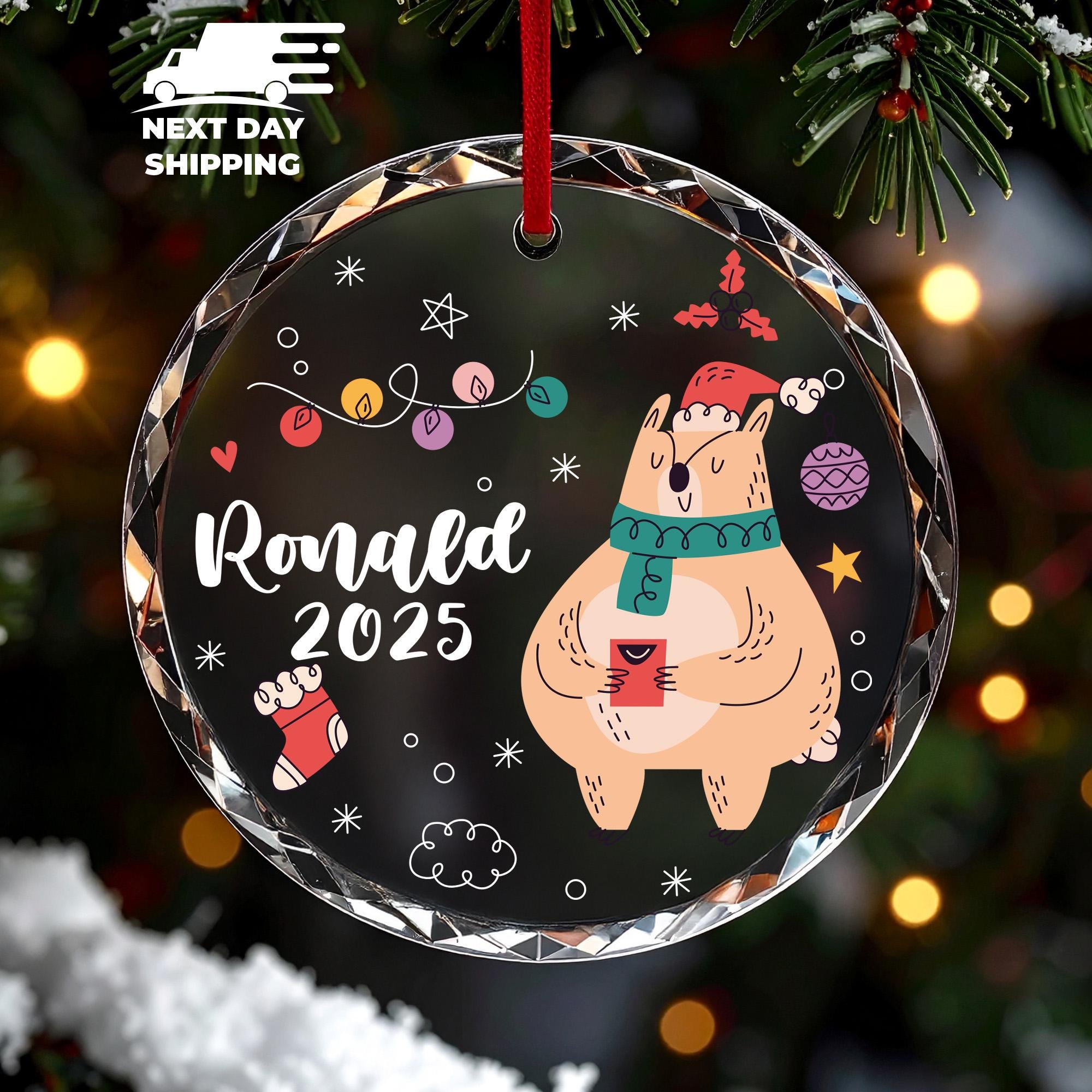 Personalized Bear Christmas Ornament 2025, Custom Name Holiday Ornament, Cute Animal Xmas Tree Decoration, Winter Bear Kids Christmas Gift