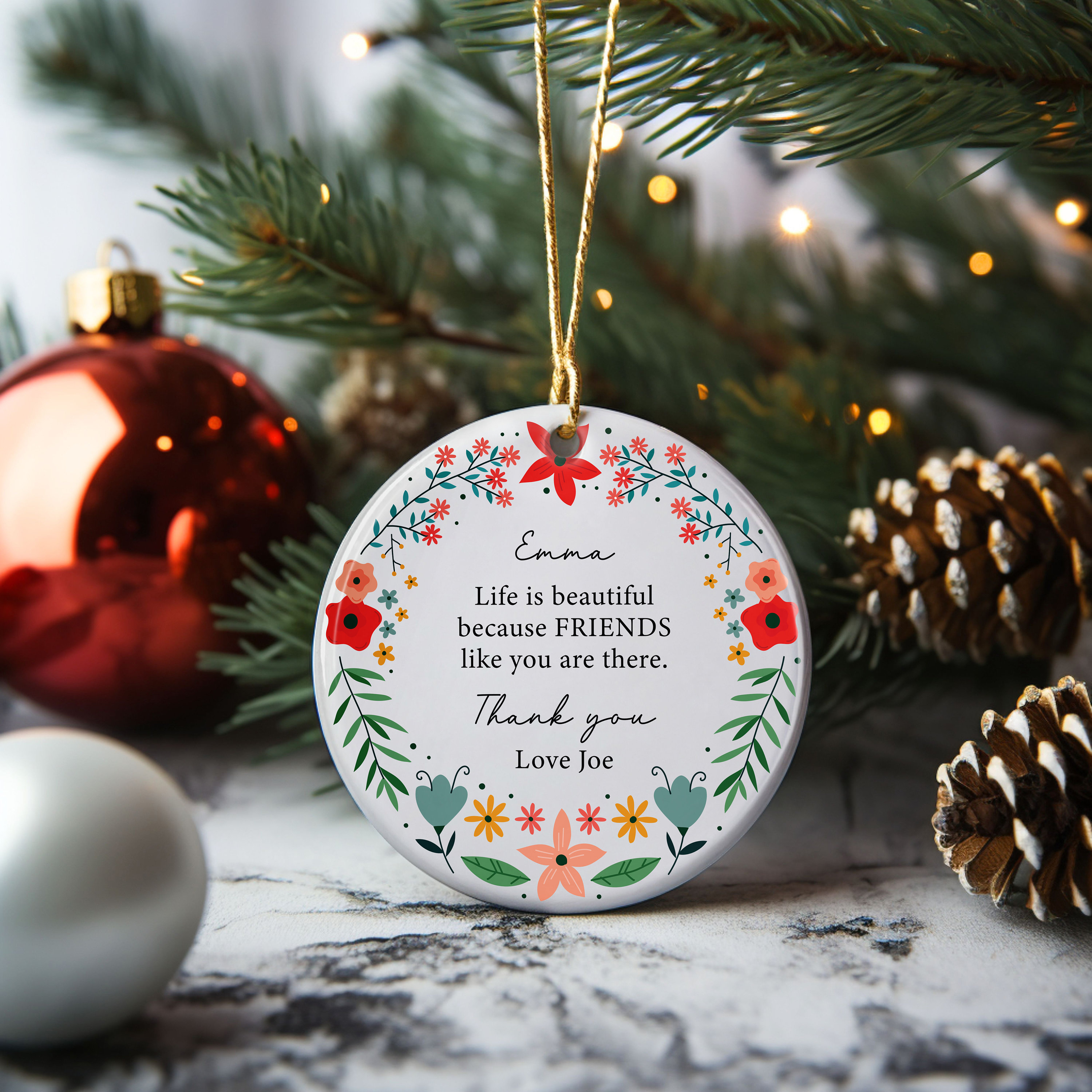 Friendship Ornament, Personalized Christmas Ornament With Message, Christmas Gifts, Gift For Friends, Custom Name Ornament, Floral Ornament