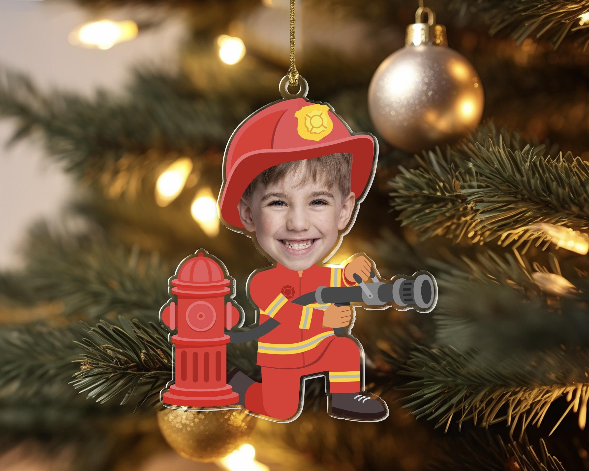 Personalized Firefighter Christmas Acrylic Ornament, Custom Photo Christmas Tree Ornament, Gift For Firefighter Child, Christmas Gifts