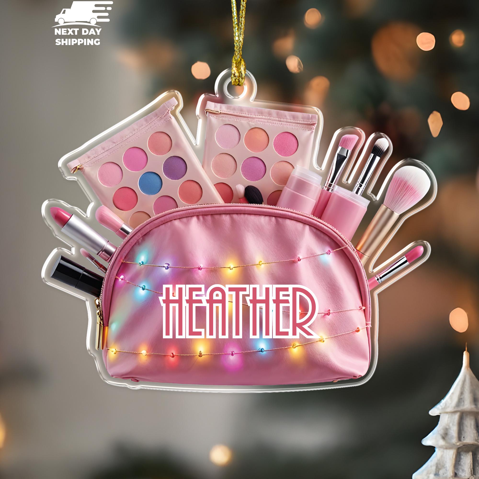 Personalized Girls Makeup Pouch Ornament, Custom Acrylic Ornament, Teen Vanity Ornament, Cosmetic Ornament with Name, Christmas Gift for Her