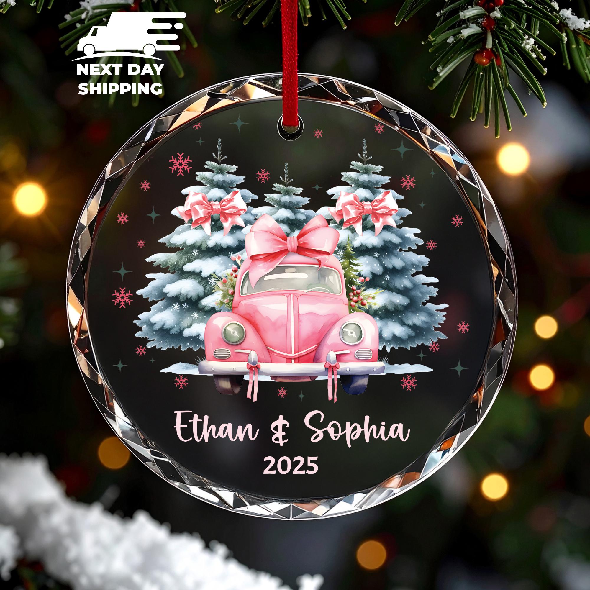 Pink Christmas Car Ornament 2025, Personalized Couple Ornament, Custom Name Holiday Gift, Acrylic Tree Decoration, Romantic Xmas Keepsake