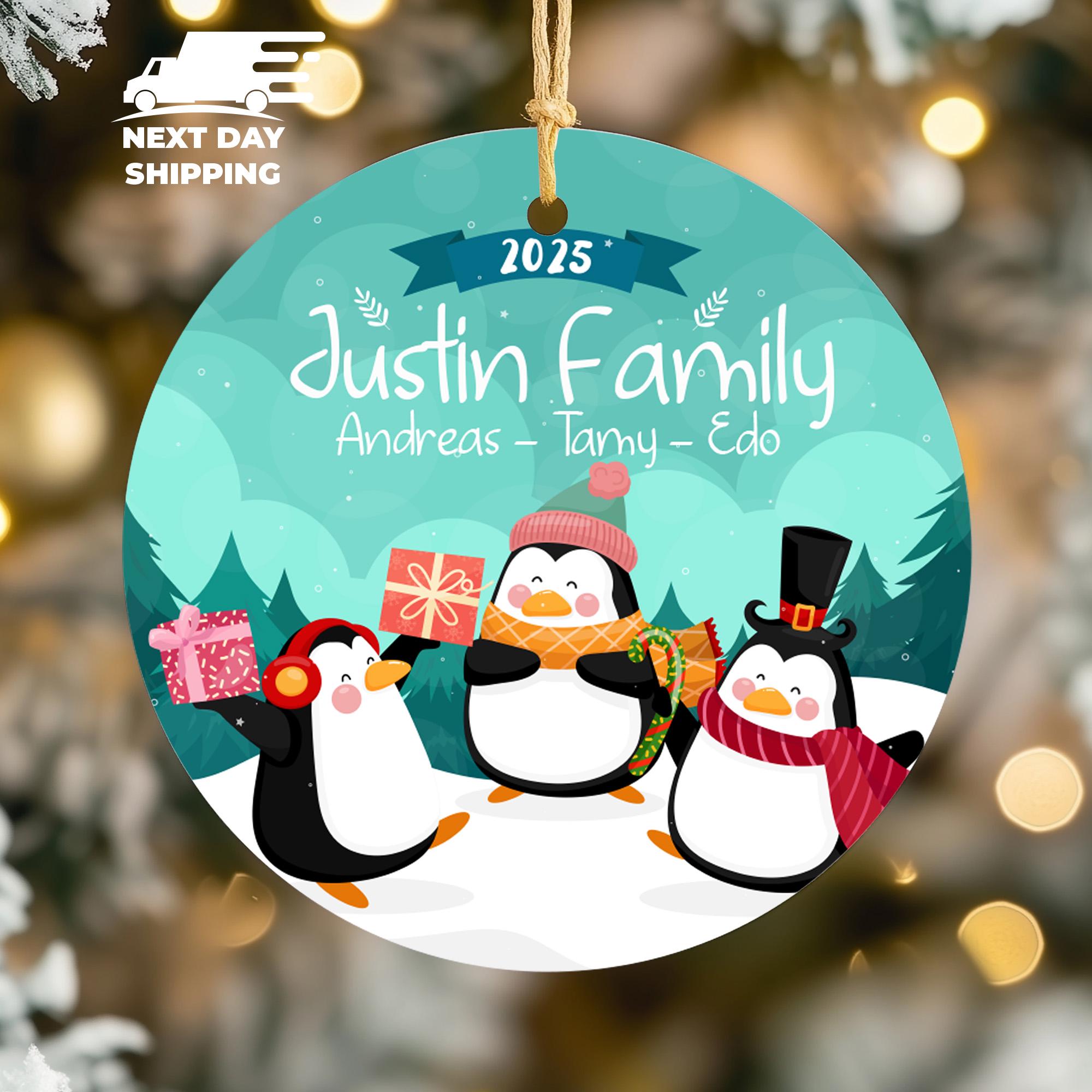 Custom Penguin Family Christmas Ornament 2025, Custom Penguin Holiday Family Name Ornament, Kids Winter Xmas Tree Decoration Keepsake Gift