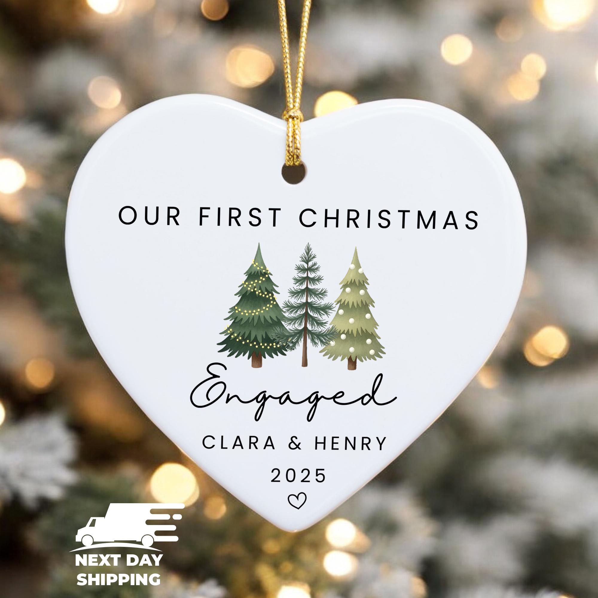Our First Christmas Engaged Ornament, Personalized Glass Ceramic Acrylic Ornament, Custom Couple Engagement Gift, Holiday Keepsake Decor