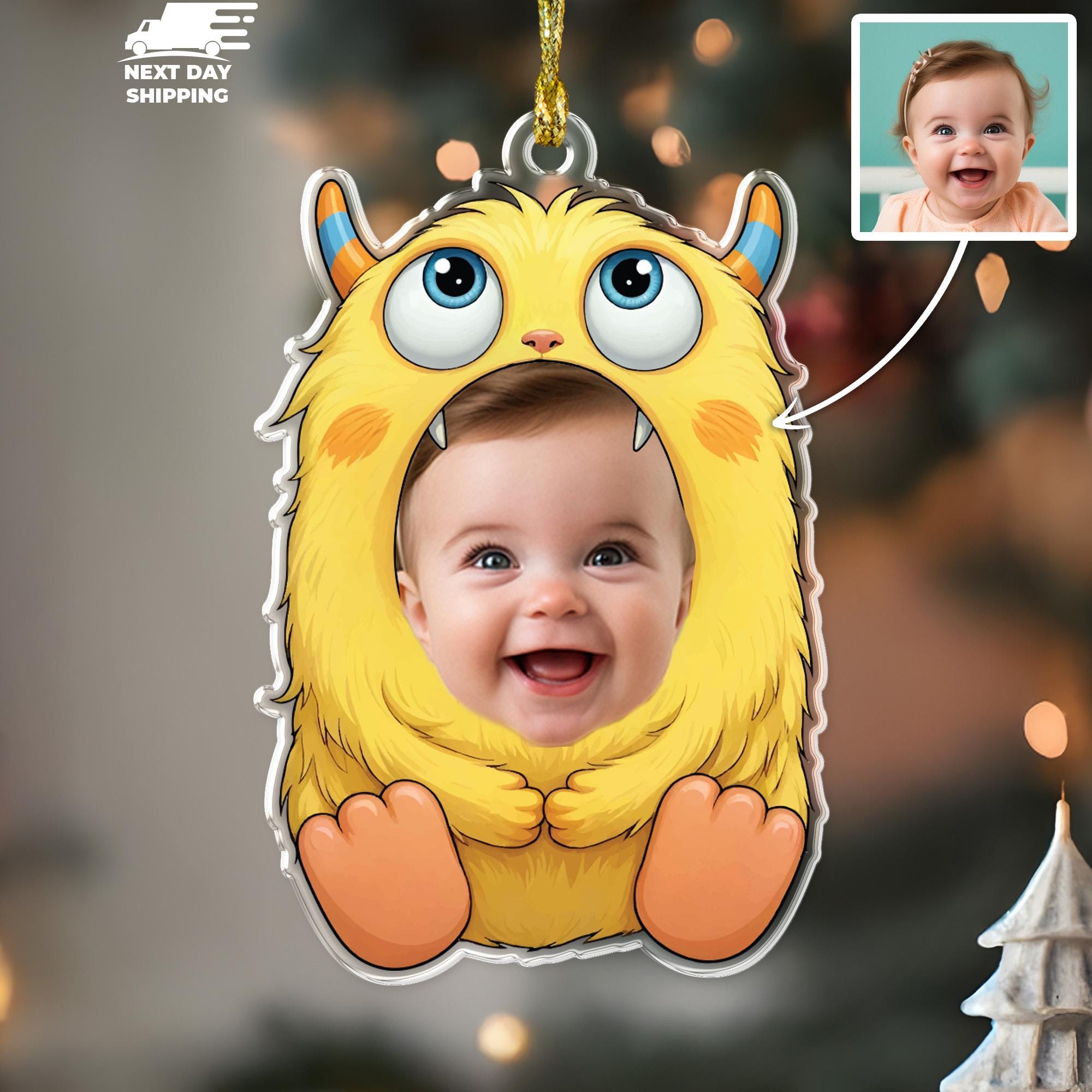 Personalized Baby Face Christmas Ornament, Cute Monster Photo Ornament for Kids, Custom First Christmas Keepsake Gift, Funny Holiday Decor