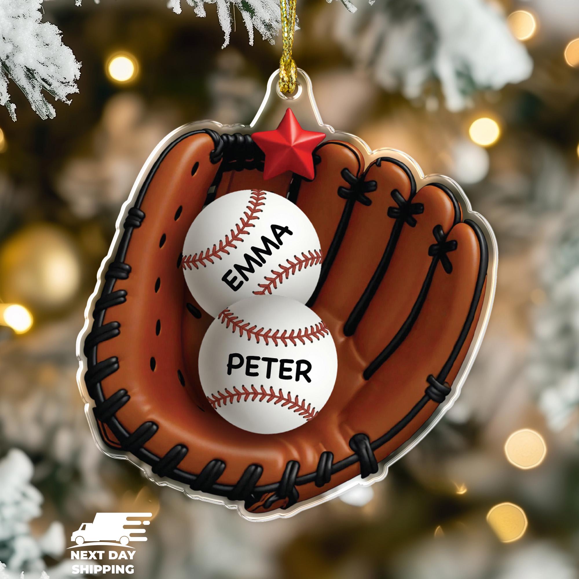 Personalized Baseball Family Ornament, Custom Name Sports Ornament, Baseball Glove Christmas Decor, Gift for Coach or Player up to 3 names