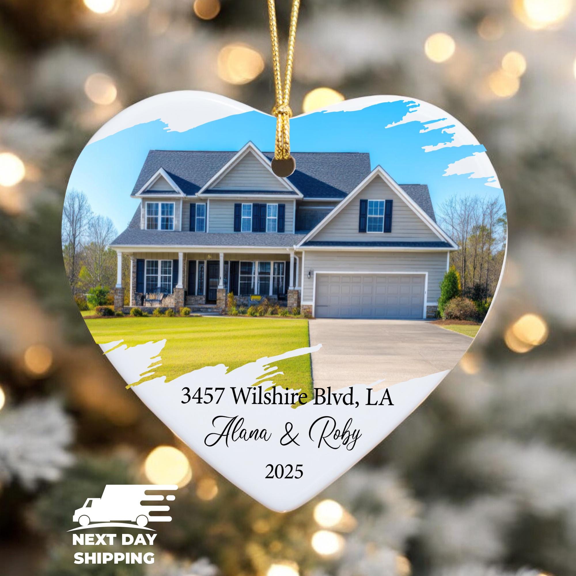 New Home Photo Ornament 2025, Personalized Address Heart Christmas Ornament Custom Name First Home Gift, Housewarming Couple Family Keepsake
