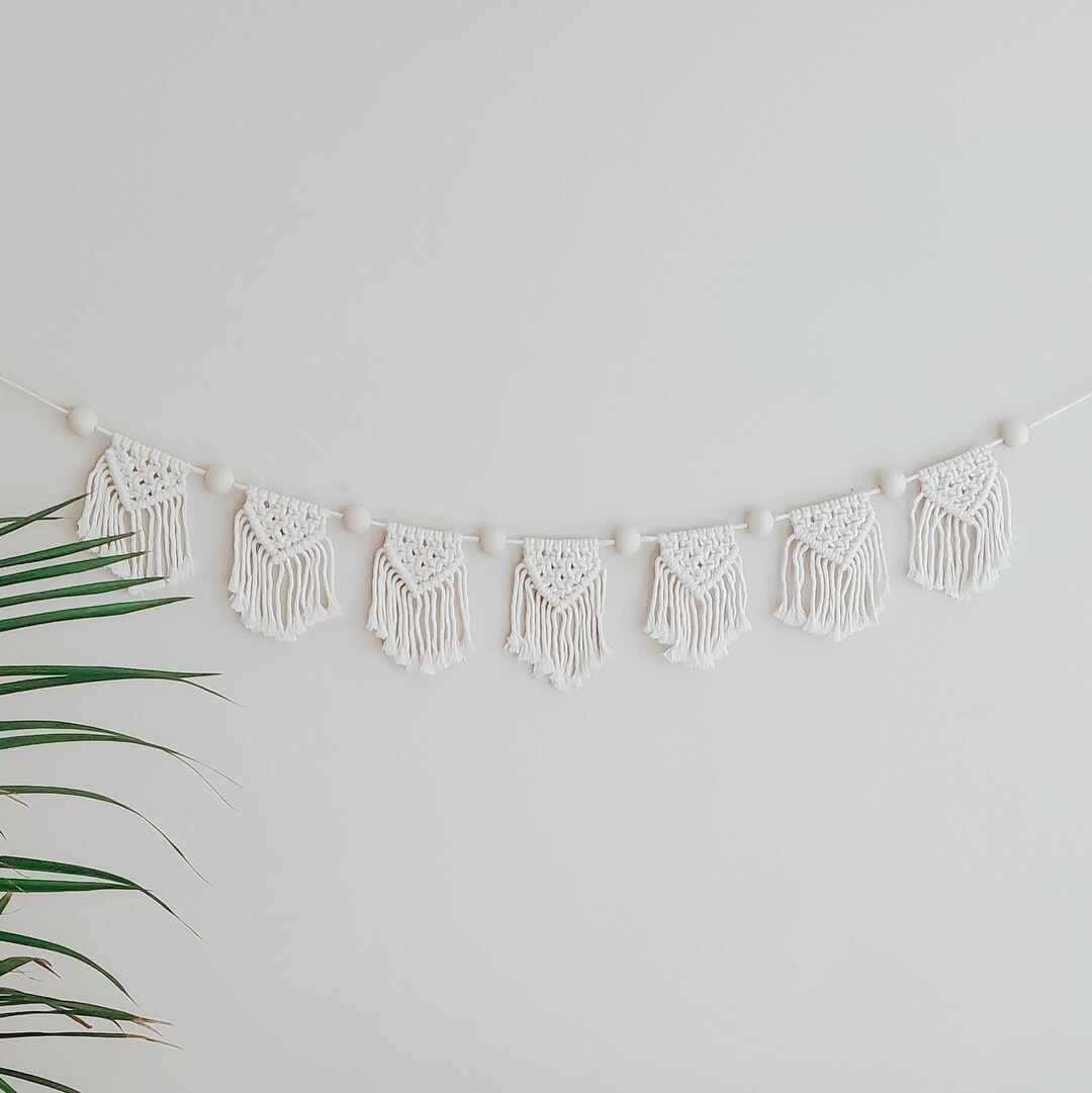 White Macrame Banner With Beads Macrame Banner Nursery Etsy