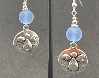 Angel silver pendant on frosted blue glass bead drop earrings on silver fixings