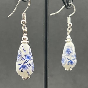 Japanese Tensha teardrop earrings, blue floral bead with a delicate white background, length is 2.5cm 1 inch