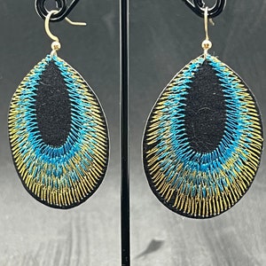 Various colours beautiful peacock feather earrings super light weight with gold coloured tops available in green, purple and blue Blue