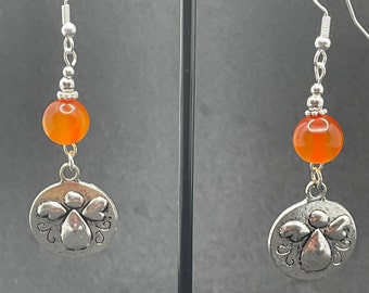 Angel silver pendant and pretty orange glass bead drop earrings on silver fixings