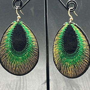 Various colours -beautiful peacock feather earrings - super light weight with gold coloured tops - available in green, purple and blue