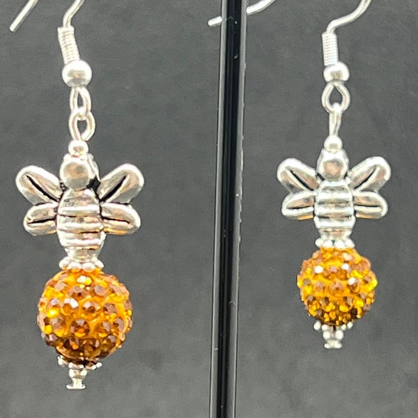 REDUCED! Rhinestone, multicolour beads, silver bee earrings, on silver fixings