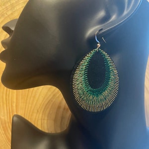 Various colours beautiful peacock feather earrings super light weight with gold coloured tops available in green, purple and blue image 5