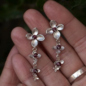 Handcrafted Argentium Silver Floral Earrings - Lilac Flowers, Rhodolite Beads