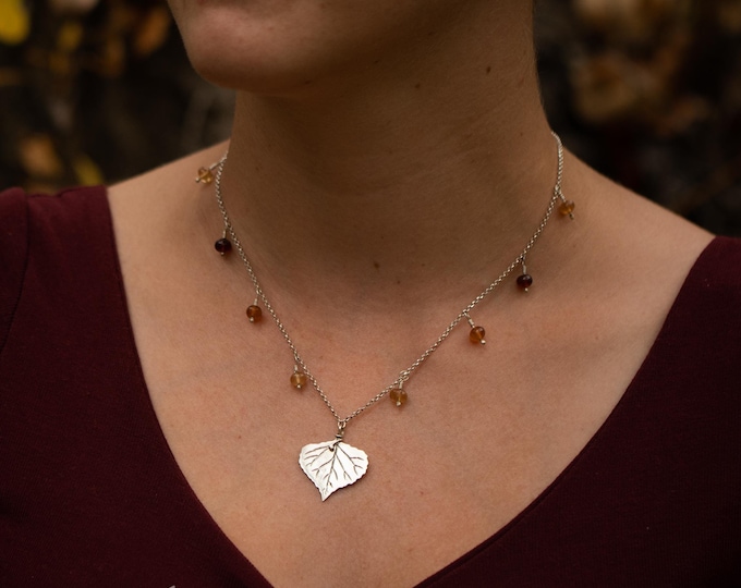 Birch leaf and garnet layering necklace