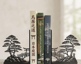 Japanese Garden Bookends, Bonsai Tree & Torii Gate Book Ends, Modern Asian Bookshelf Decor, Zen Bookends Pair, Bookish Gift for Reader