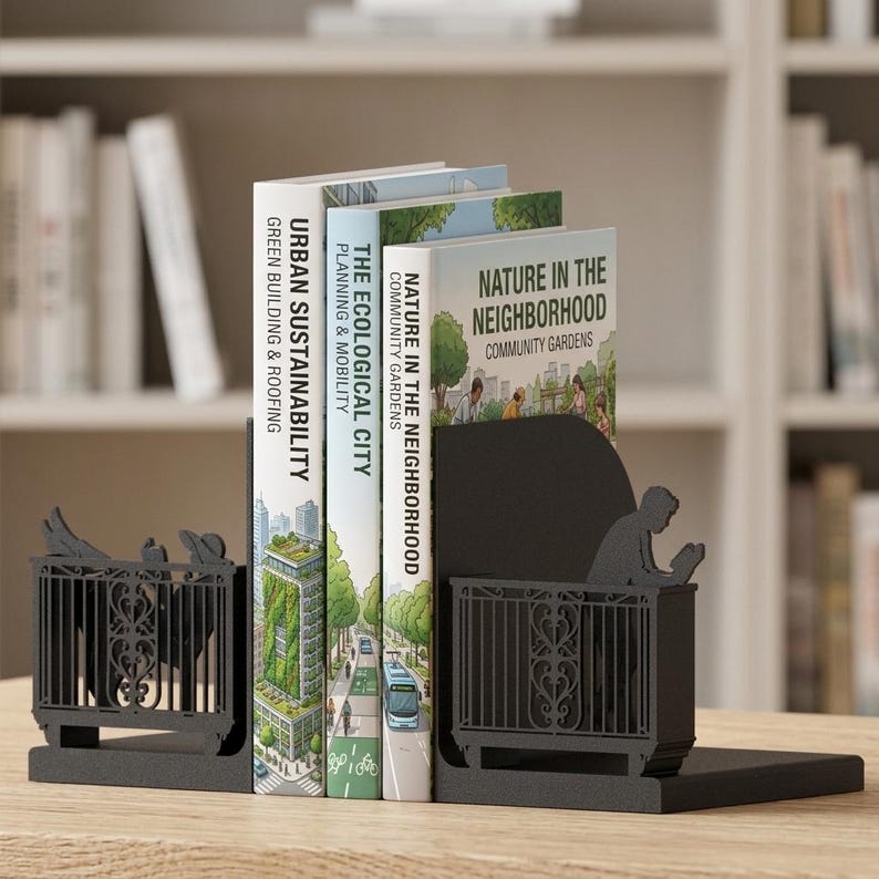 Puede incluir: Un par de sujetalibros de metal negro con siluetas de personas en balcones, sosteniendo tres libros titulados Urban Sustainability, The Ecological City y Nature in the Neighborhood. Los sujetalibros tienen dise&ntilde;os de barandillas intrincados.