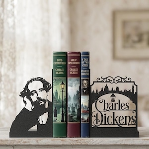 Charles Dickens Bookends – Literary Home Decor – 3D Printed Book Ends for Bookshelves – Matte Black Book Support – Gift for Book Lovers