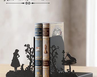 Alice in Wonderland Inspired Bookends – Matte Black Silhouette Book Ends, Fantasy Shelf Decor, 3D Printed, Gift for Readers | Free Shipping