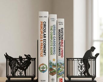 Balcony Readers Bookends - Romantic Reader Shelf Decor - Matte Black 3D Printed Supports - Gift for Book Lovers, Unique Bookend Pair