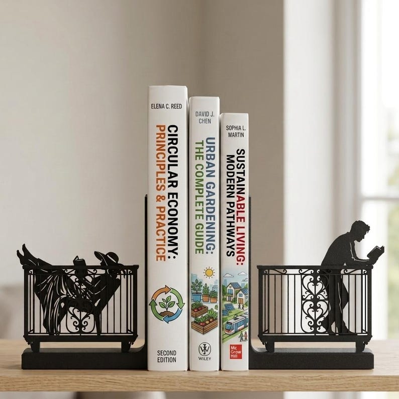 Puede incluir: Un par de sujetalibros de metal negro con siluetas de personas en balcones, sosteniendo tres libros titulados Circular Economy: Principles & Practice, Urban Gardening: The Complete Guide y Sustainable Living: Modern Pathways.