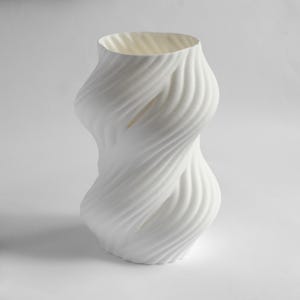 Puede incluir: Un jarr&oacute;n blanco escultural con un dise&ntilde;o retorcido &uacute;nico. El jarr&oacute;n tiene una superficie texturizada con un patr&oacute;n en espiral que envuelve su forma. La abertura es ancha y la forma general es org&aacute;nica y moderna. El jarr&oacute;n est&aacute; hecho de un material s&oacute;lido y opaco.