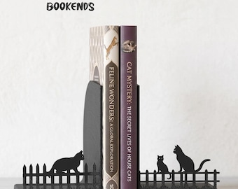 Fence Cats Bookends – 3D Printed Black Cat Silhouette Book Ends, Wooden Fence Shelf Decor, Gift for Cat Lovers | Free Shipping