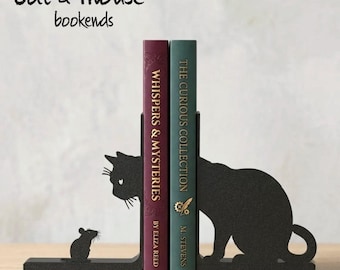 Cat and Mouse Bookends – Modern Black 3D Printed Bookends – Minimalist Cat Silhouette Shelf Decor – Gift for Cat Lovers – Matte PLA