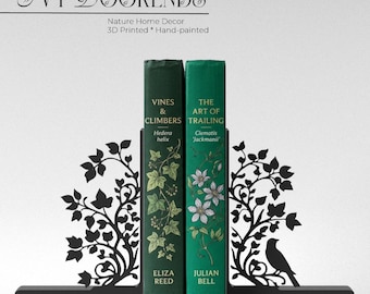 Ivy Bookends – Black Matte Botanical Book Ends with Bird Silhouette – Modern Nature Decor – 3D Printed PLA – Free Shipping