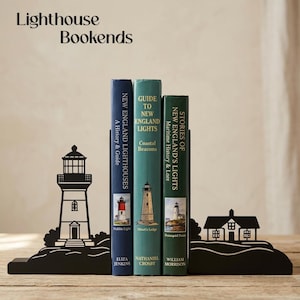 Lighthouse Bookends – Nautical Coastal Bookends, Lighthouse Decor, Beach House Shelf Decor, Ocean Theme Book Ends, Matte Black PLA
