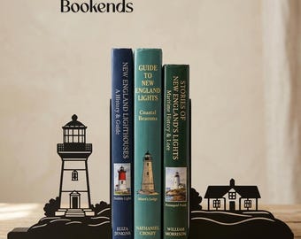 Lighthouse Bookends – Nautical Coastal Bookends, Lighthouse Decor, Beach House Shelf Decor, Ocean Theme Book Ends, Matte Black PLA