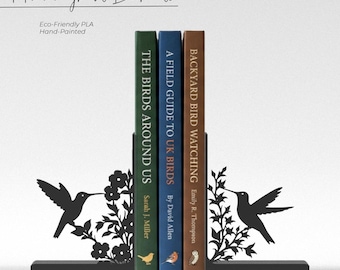 Hummingbirds Bookends – 3D Printed Black Book Ends, Botanical Shelf Decor, Nature Lover Gift, Minimalist Modern Book Holder | Free Shipping