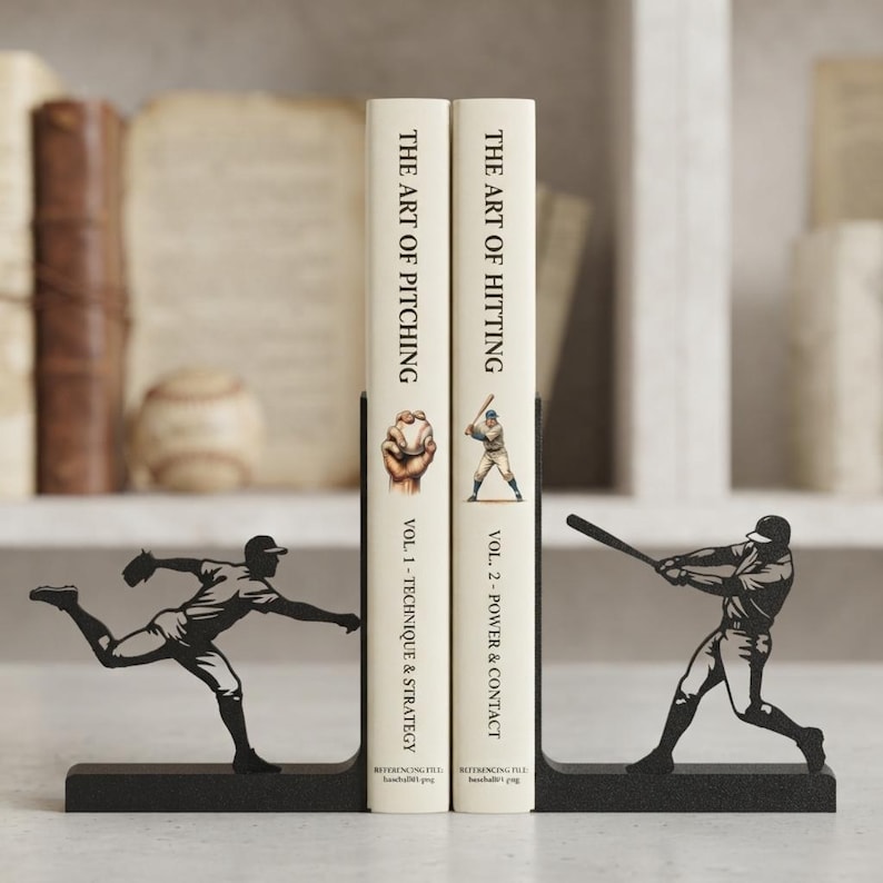 Puede incluir: Dos sujetalibros de metal negro con siluetas de jugadores de b&eacute;isbol, uno en posici&oacute;n de lanzamiento y otro en posici&oacute;n de bateo, sosteniendo dos libros titulados The Art of Pitching Vol. 1 y The Art of Hitting Vol. 2 con ilustraciones.
