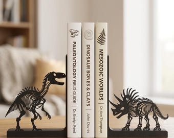 3D Printed Dinosaur Skeleton Bookends, T-Rex & Styracosaurus Book Ends, Paleontology Decor, Matte Black PLA Book Holders for Bookshelf
