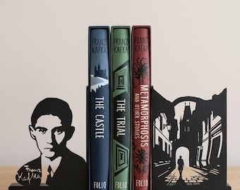 Franz Kafka Bookends - Minimalist Literary Decor - The Trial Inspired Prague Alley and Kafka Portrait - 3D Printed Matte Black - Reader Gift