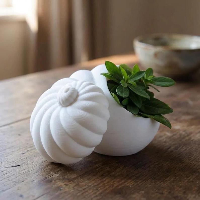 May include: A white, ceramic, pumpkin-shaped planter with a lid, filled with green leafy plants. The planter sits on a wooden surface. The lid has a small, round, textured design on top.