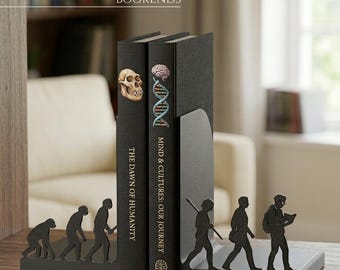 Evolution of Man Bookends | Homo Bibliophilus Book Ends | Matte Black 3D Printed Bookends | Gift for Readers, History & Science Lover