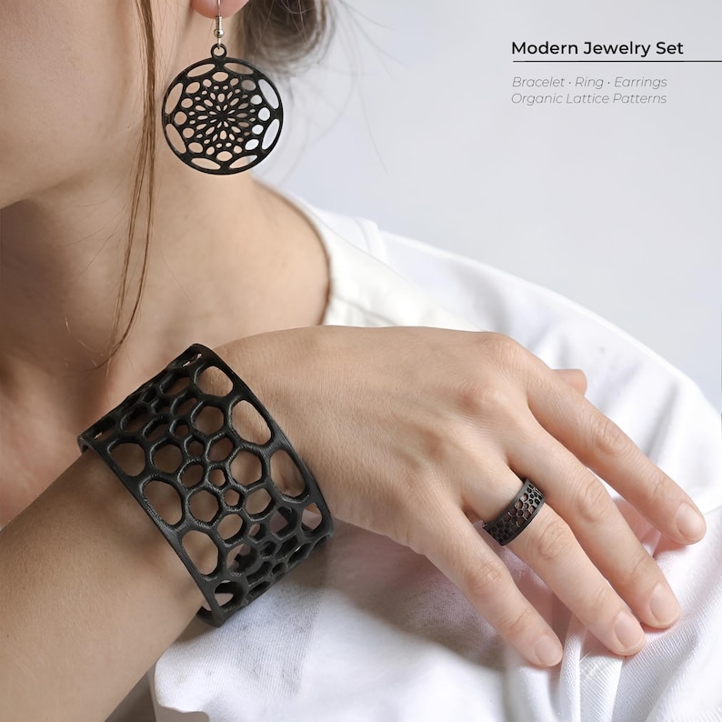 Organic Lattice Jewelry Set – Bracelet, Ring and Earrings – Graphite PLA Statement Jewelry – Modern Geometric Jewelry – 3D Printed imagen 1