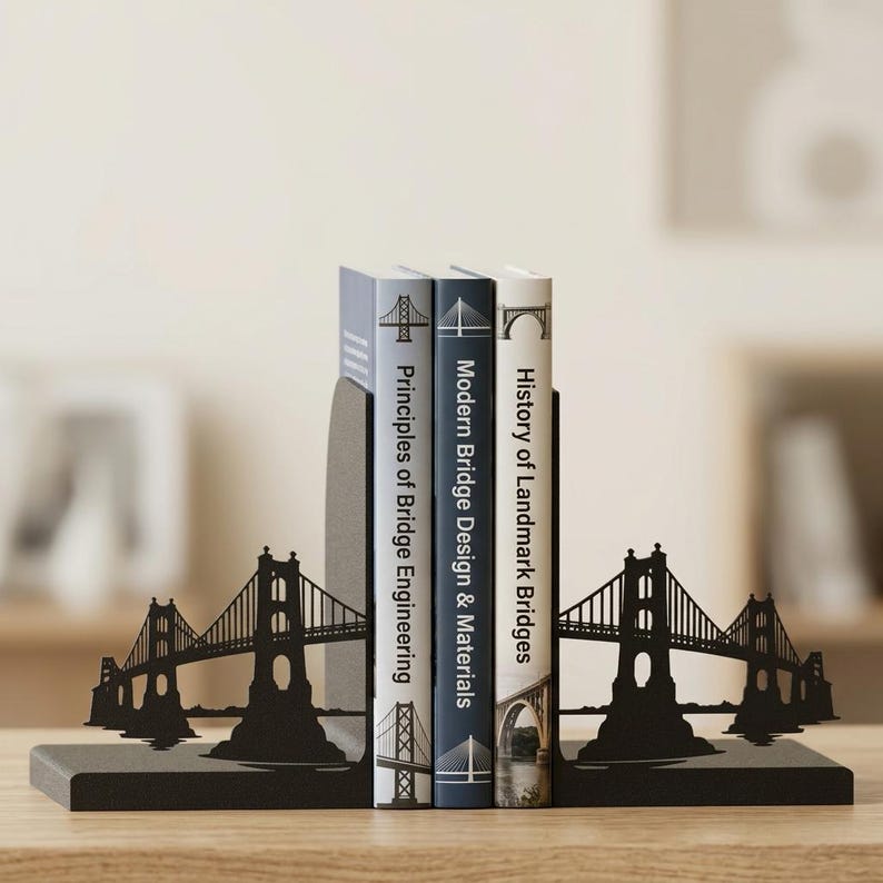 May include: A pair of black metal bookends featuring a silhouette of a suspension bridge design. The bookends are holding three books titled Principles of Bridge Engineering, Modern Bridge Design & Materials, and History of Landmark Bridges.