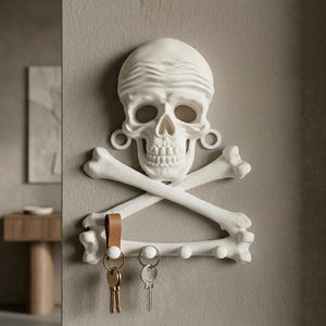 Puede incluir: Un soporte de pared blanco para llaves con forma de calavera y tibias cruzadas. La calavera presenta una textura similar a un pa&ntilde;uelo en la frente y adornos circulares en las orejas. Debajo de los huesos cruzados hay cuatro ganchos.
