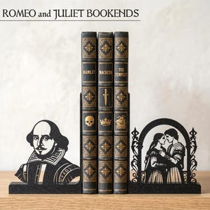 Shakespeare and Romeo & Juliet Bookends – Matte Black 3D Printed Literary Decor – Unique Gift for Book Lovers, Teachers, and Librarians