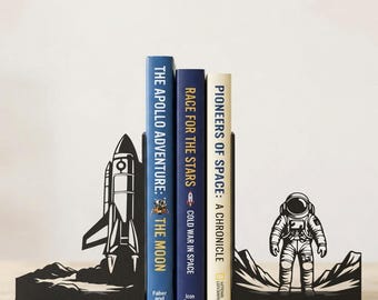 Space Bookends - Rocket and Astronaut Themed Room Decor - NASA Geek Gift - Matte Black Sci-Fi Bookshelf Holders - 3D Printed Accessory