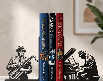 Jazz Bookends Decorative, Saxophone & Piano Player Book Ends, Matte Black 3D Printed Music Decor, Gift for Jazz Lovers and Musicians